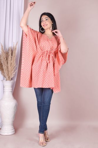 Peach Ethnic Printed Cotton Kaftan