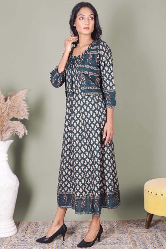 Dark Green & Golden Printed A-Line Kurta With Jacket