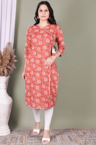 Peach Floral Printed Cotton Angrakha Kurta