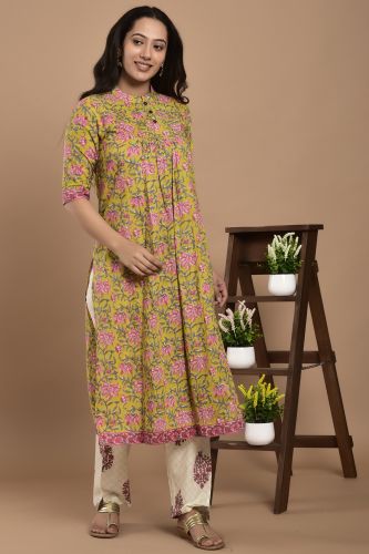 Lime Green and Pink Floral Printed A-Line Kurta with Printed Palazzo Pants Set