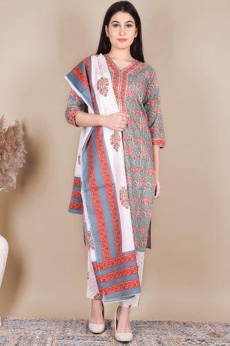 Grey Floral Printed Cotton Kurta with Printed Palazzo and a Dupatta Set