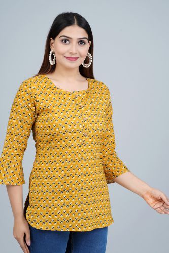 Mustard Ethnic Printed Casual Cotton Top