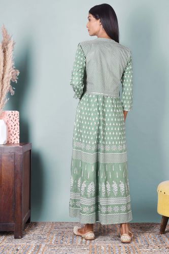 Light Green Printed Long Rayon Kurta with Embroidered Jacket