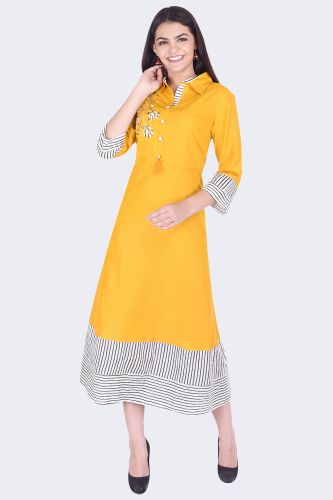 Embroidered Mustard Shirt Style Kurta