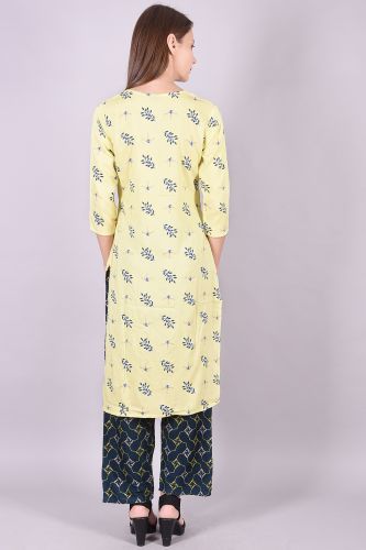 Yellow Printed Handwork Kurta With Palazzo Set