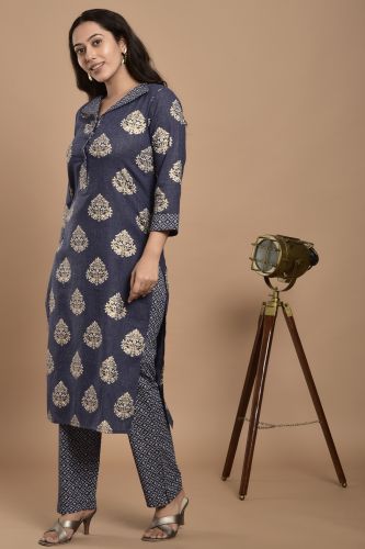 Navy Blue & White Printed Kurta With Printed Pant Set