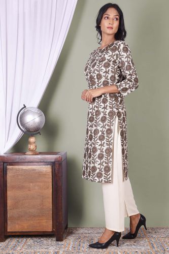 Flower Printed Green Cotton Kurti