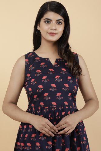 Navy Blue Floral Printed A-Line Flared Sleeveless Cotton Kurta