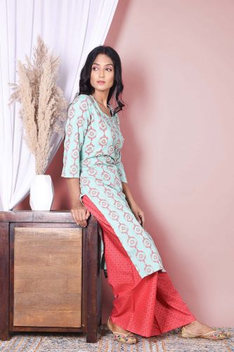 Light blue Printed with Handwork Rayon Kurta and Printed Palazzo Set