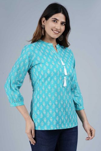 Blue Ethnic Printed Straight Cotton Top