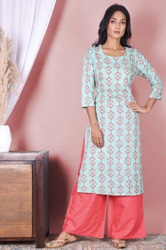 Light blue Printed with Handwork Rayon Kurta and Printed Palazzo Set