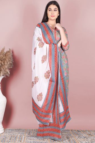 Grey Floral Printed Cotton Kurta with Printed Palazzo and a Dupatta Set