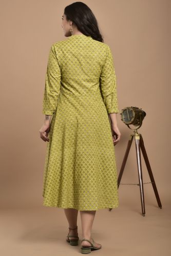 Green High-Low Printed Cotton A-Line Kurta