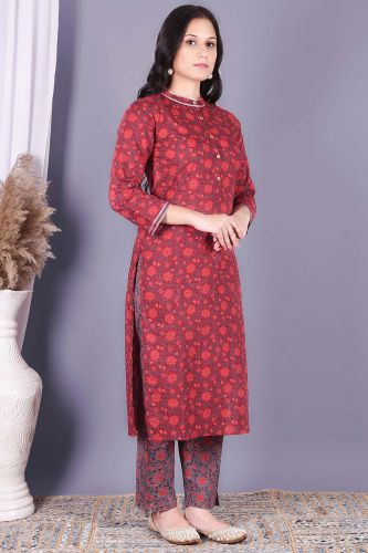 Red Floral Printed Kurta With Printed Palazzo Set