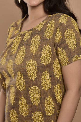 Brown and Mustard Printed Casual Cotton Top