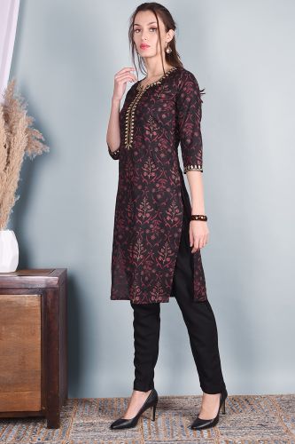 Pink & Black Printed Rayon Kurta With Solid Pant 