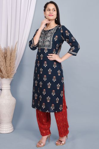 Blur Rayon Ethnic Printed Embroidered Kurta With Palazzo