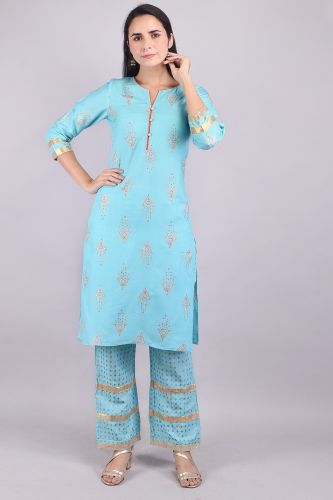 Printed Sky Blue Kurta with Trouser