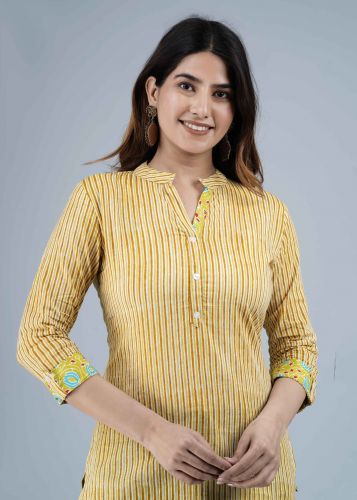 Mustard Stripes Printed Cotton Top