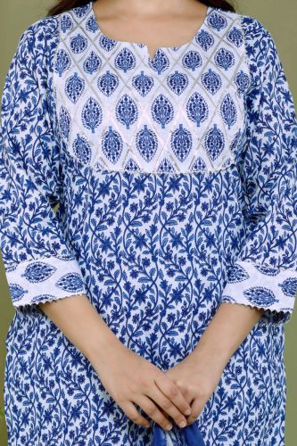 White With Indigo Print Cotton Kurti With Printed Palazzo and Cotton Dupattaa