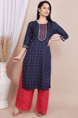 Blue Rayon Ethnic Printed Kurta With Palazzo