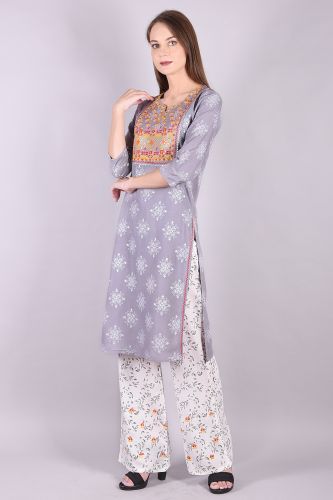 Embroidered Ash Printed Kurta Palazzo Set