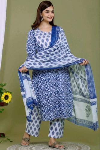 White With Indigo Print Cotton Kurti With Printed Palazzo and Cotton Dupattaa