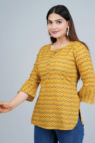 Mustard Ethnic Printed Casual Cotton Top