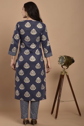 Navy Blue & White Printed Kurta With Printed Pant Set