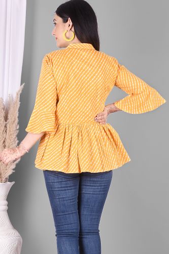 Mustard Leheriya Printed Flared Cotton Top