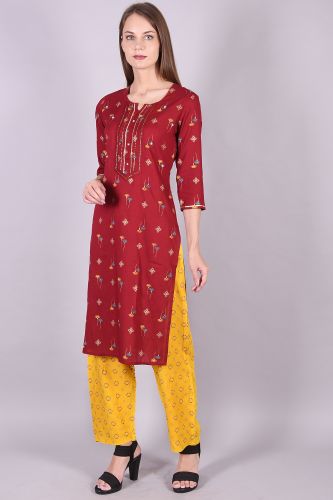 Red Rayon Printed Kurta with Handwork and Yellow Printed Palazzo
