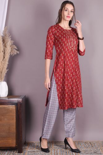 Red Printed rayon Kurta With Grey Checkered Pant