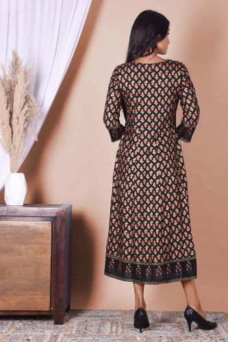 Black & Golden Printed A-Line Kurta With Jacket