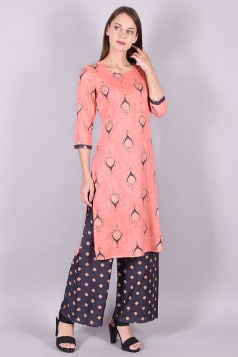 Peach Rayon Kurta With Handwork And Printed Palazzo