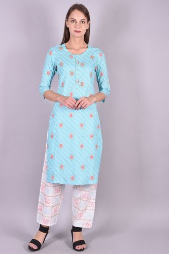 Handwork Sky Blue Kurta with Printed Palazzo