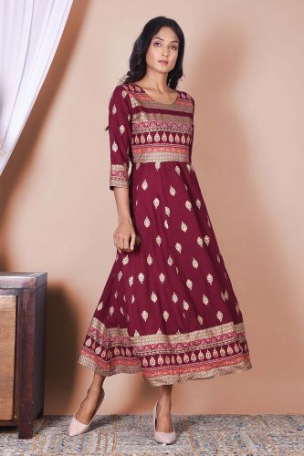 Maroon and Golden Printed A-Line Long Rayon Kurta