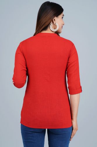 Red Solid Pleated Cotton Top