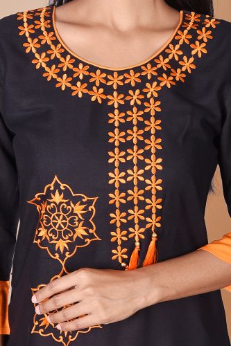 Solid Black Embroidered Rayon Kurta