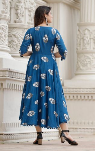 Royal Blue Floral Printed Anarkali Kurta With Striped Dupatta