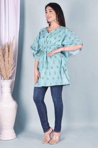 Light Blue Printed Kaftan Cotton Top