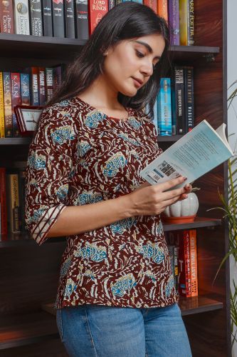Brown Cotton Top with Turquoise Flower Print