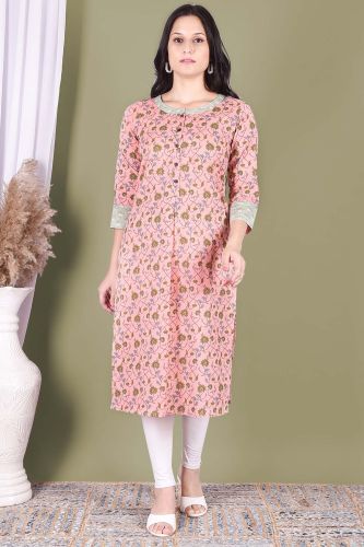 Light Pink Printed Straight-Fit Cotton Kurta