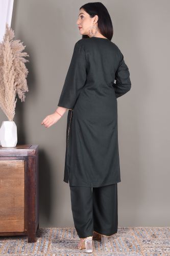 Solid Bottle Green Rayon Kurta with Solid Bottle Green Palazzo Set