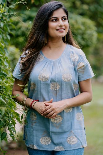 Blue and Golden Printed Cotton Ethnic Top