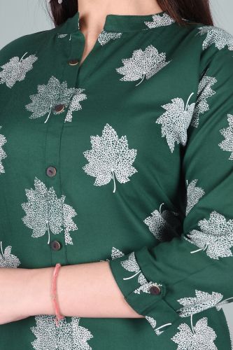 Green Leaf Print Straight Rayon Kurta