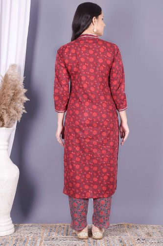 Red Floral Printed Kurta With Printed Palazzo Set