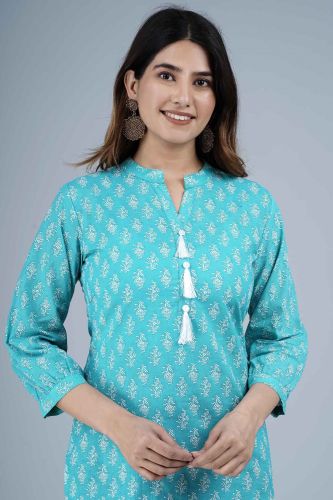 Blue Ethnic Printed Straight Cotton Top