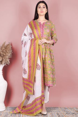 Grey Floral Printed Cotton Kurta with Printed Palazzo and a Dupatta Set