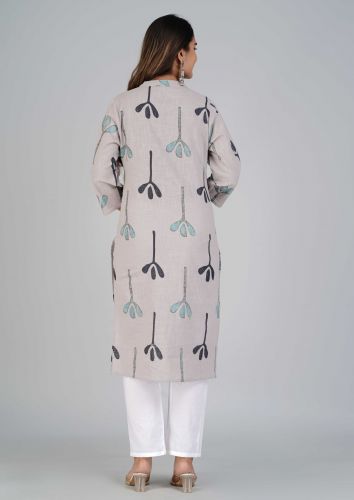 Grey Abstract Printed Straight Cotton Kurta