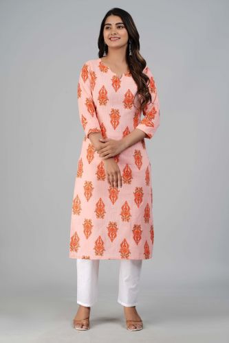 Pink Floral Printed Straight Cotton Kurta